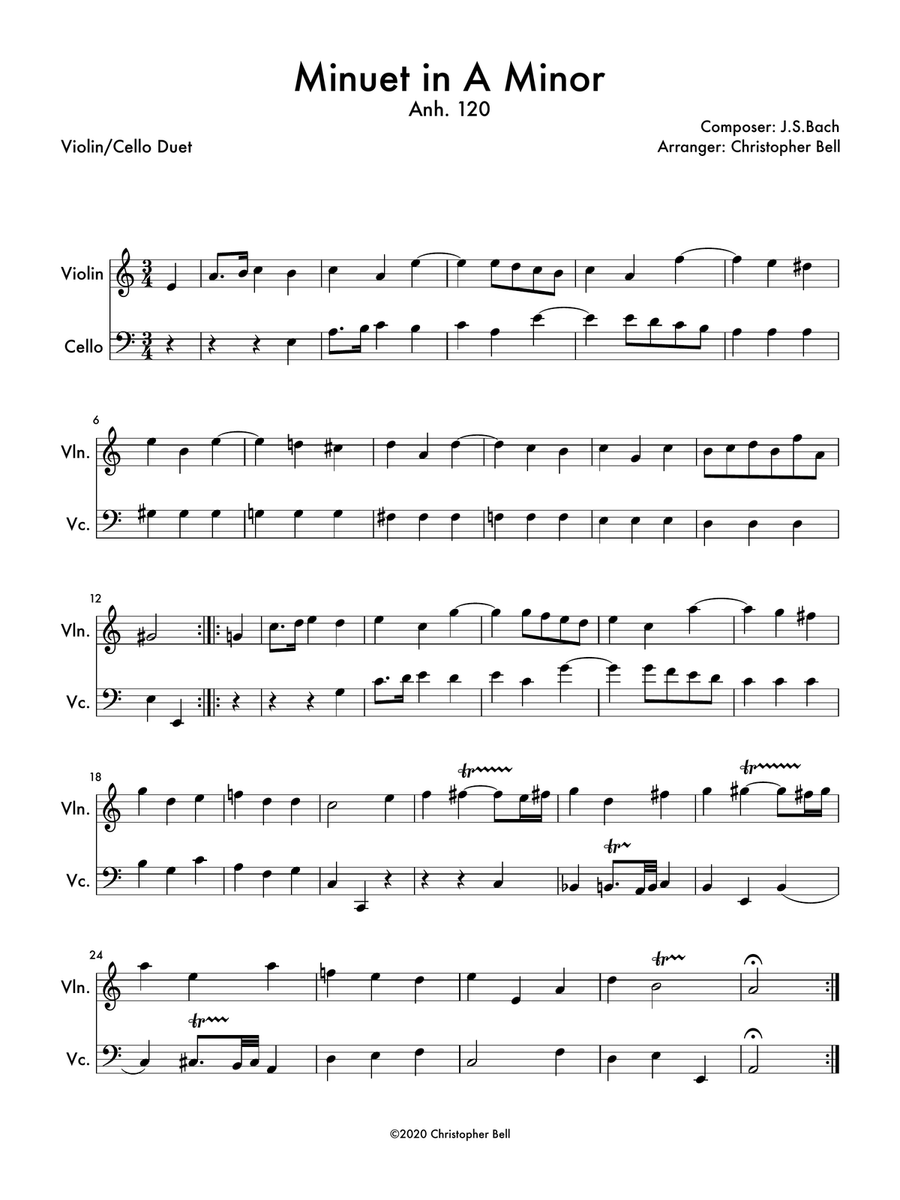 Minuet in A Minor, Anh 120 (Viola/Cello Duet) String Duet scores gallery preview page 1