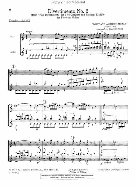 Divertimento No. 2 (From "Five Divertimento" For Two Clarinets And Basson, E. 439B) - For Flute And Guitar