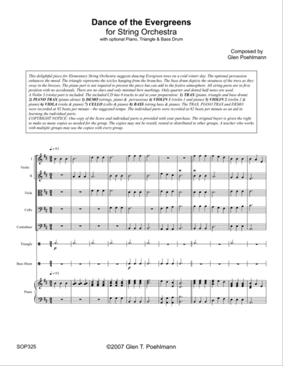 DANCE OF THE EVERGREENS for Elementary STRING ORCHESTRA with optional Piano & Perc. String Orchestra scores gallery preview page 1