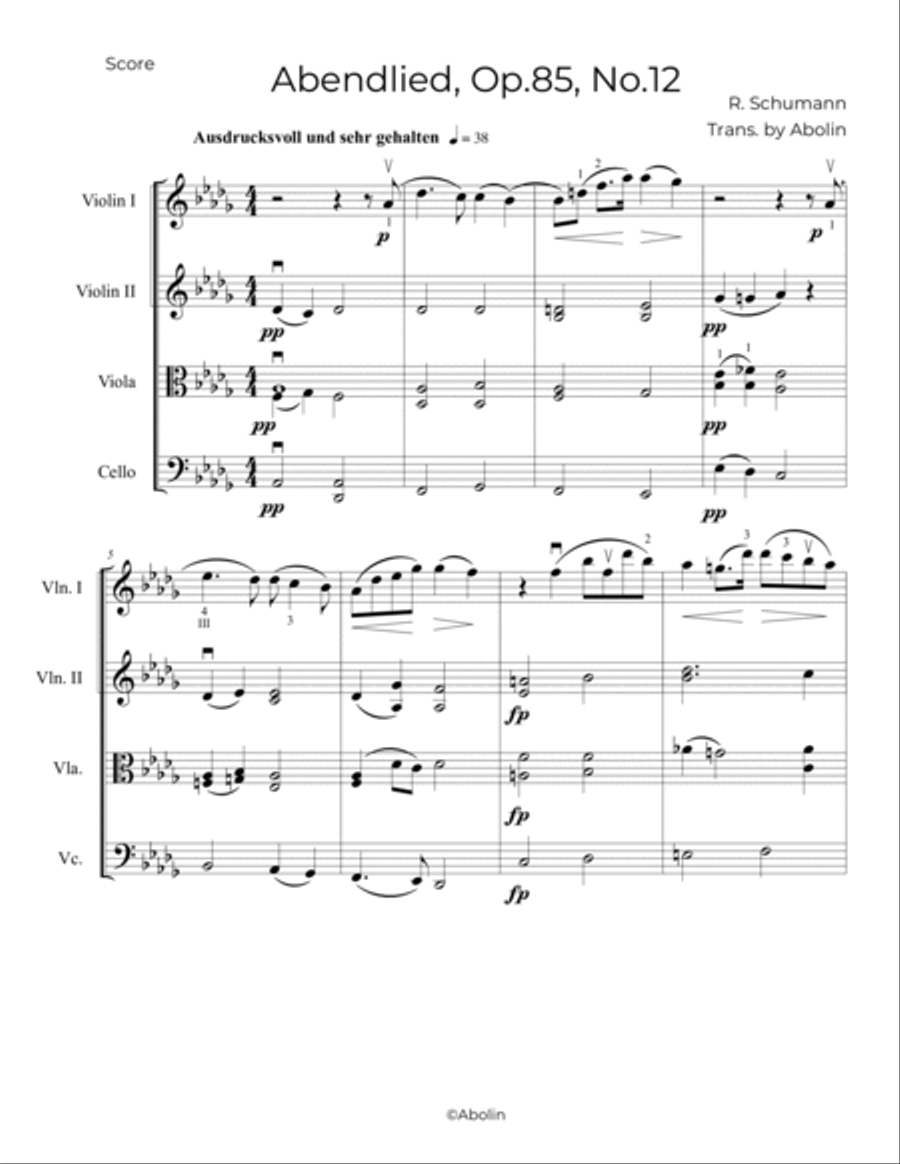 Schumann: Abendlied, Op.85, No.12 - String Quartet String Quartet scores gallery preview page 2