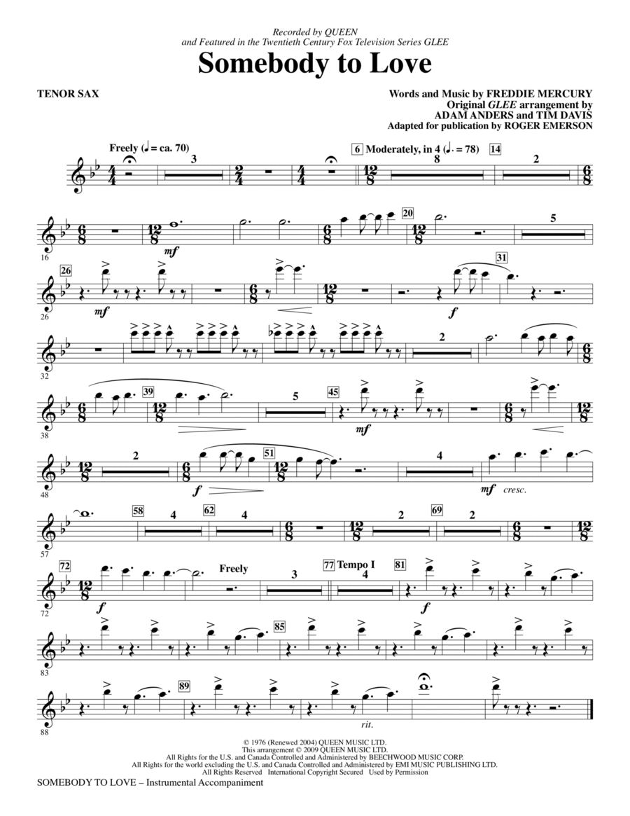 Somebody To Love (arr. Roger Emerson) - Tenor Sax