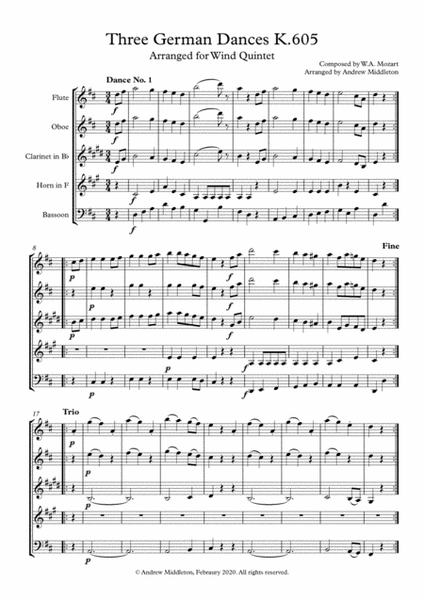 Three German Dances K.605 arranged for Woodwind Quintet image number null