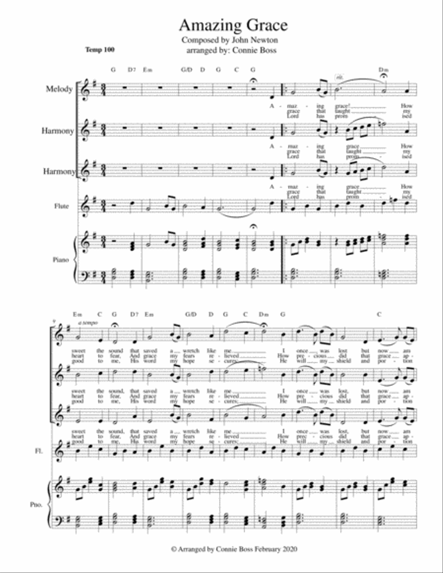 Amazing Grace - vocal trio, flute and piano in key of G - higher range Small Ensemble scores gallery preview page 1