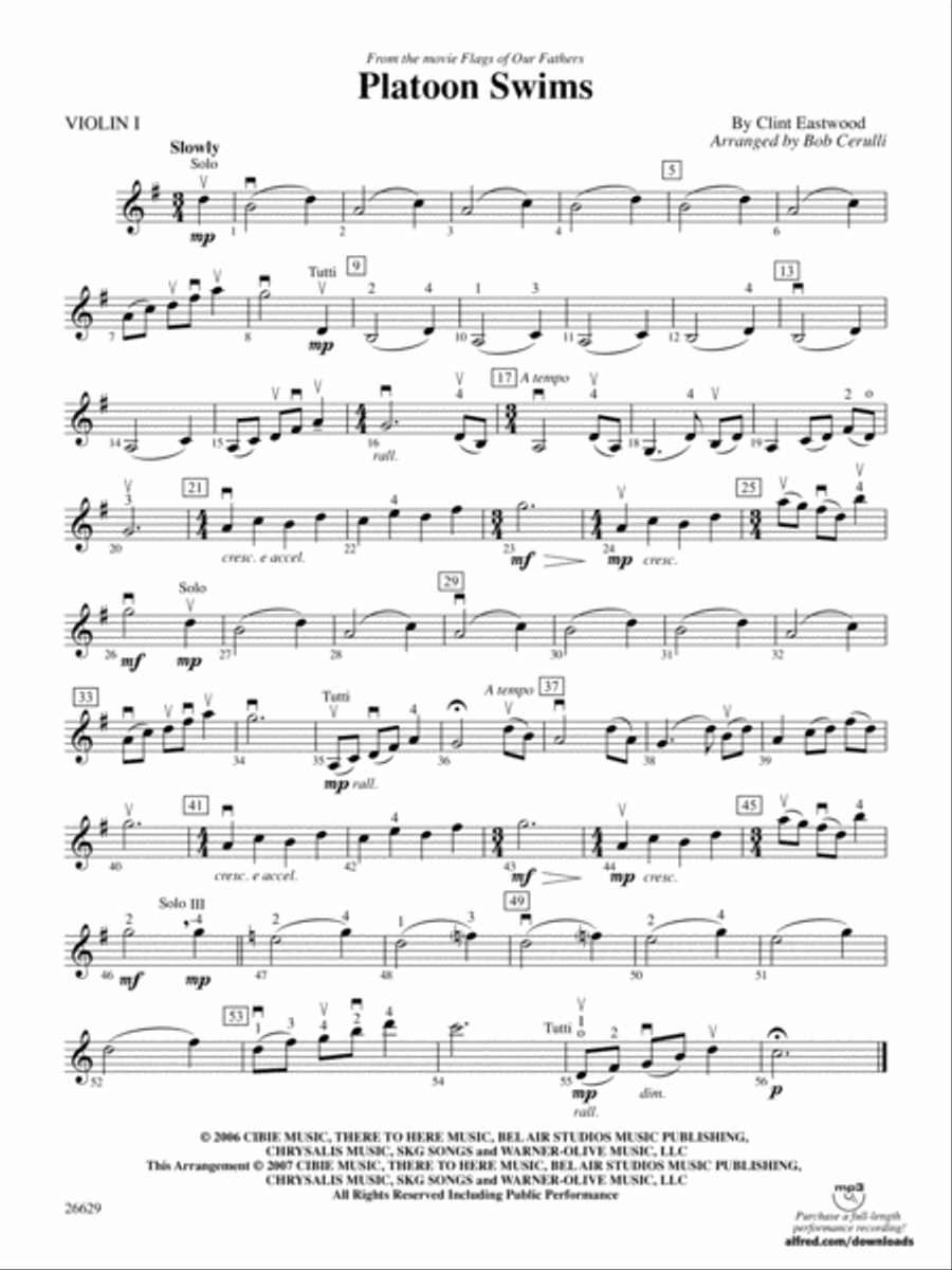 Platoon Swims (from Flags of Our Fathers): 1st Violin String Orchestra scores gallery preview page 1