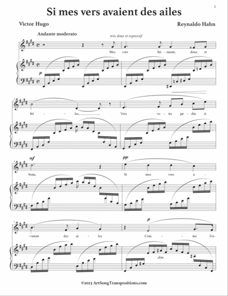 HAHN: Si mes vers avaient des ailes (transposed to E major) Voice scores gallery preview page 2