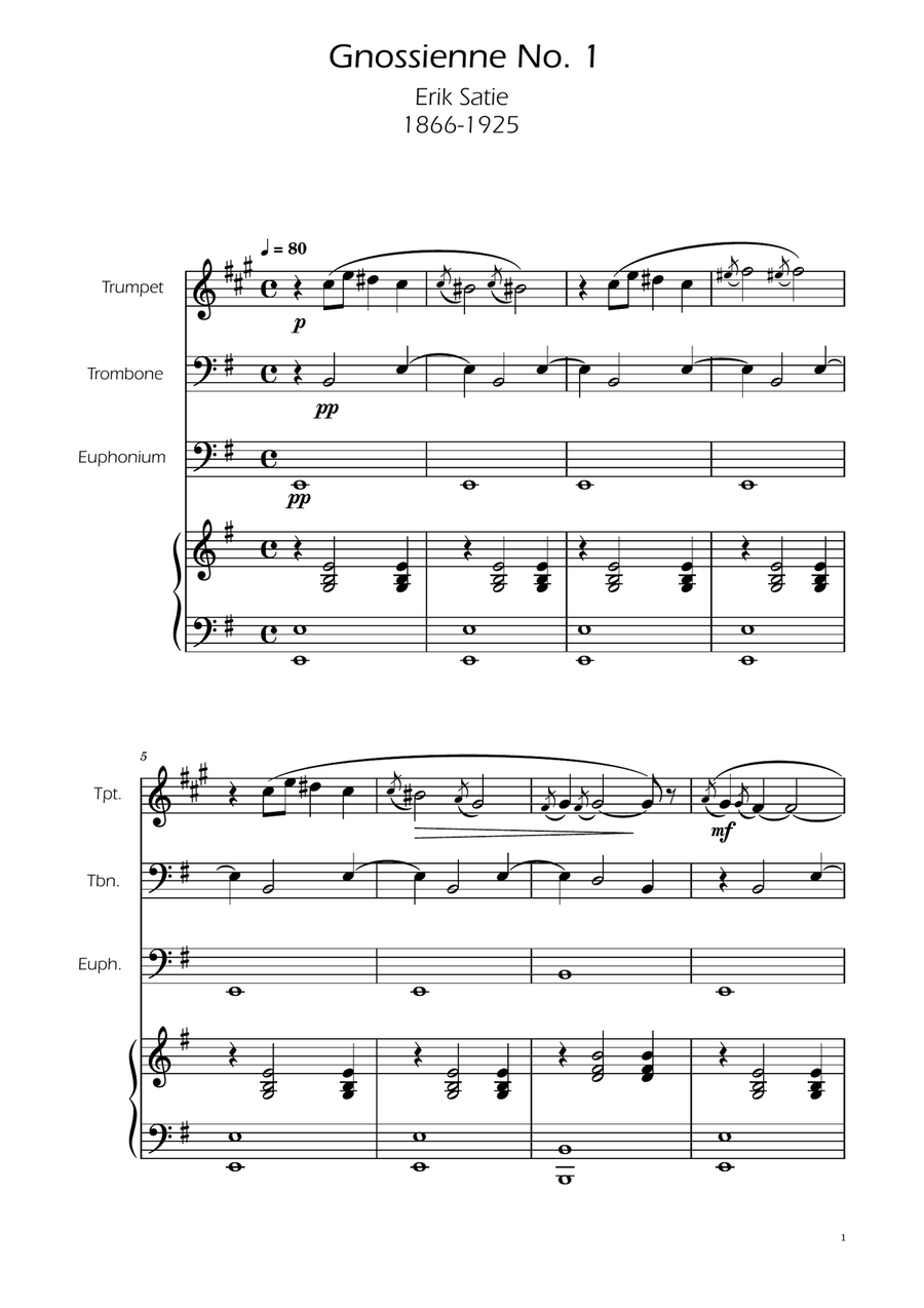 Erik Satie - Gnosienne no1 - Brass Trio w/ Piano Brass Trio scores gallery preview page 1