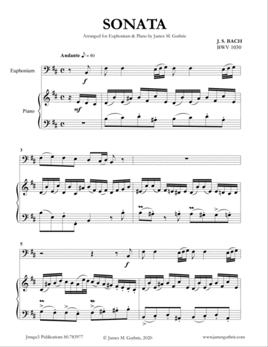 BACH: Sonata BWV 1030 for Euphonium & Piano Brass Duet scores gallery preview page 1