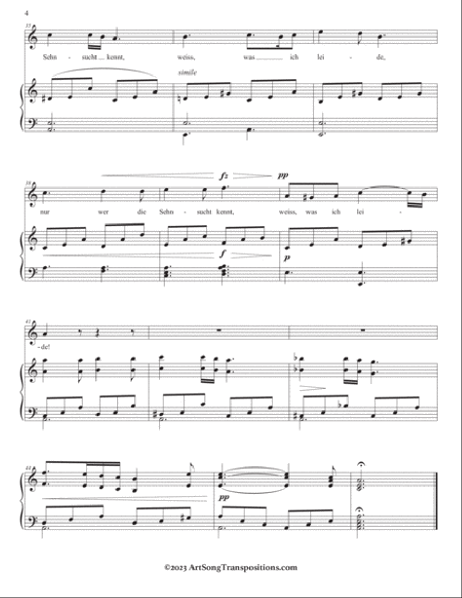 SCHUBERT: Lied der Mignon, D. 877 no. 4 (in 8 keys: A, A-flat, G, F-sharp, F, E, E-flat, D minor) Voice scores gallery preview page 5