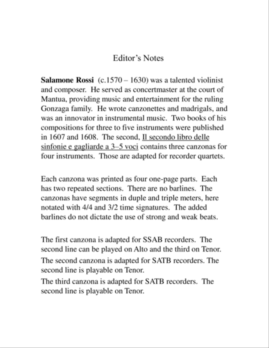 Three Salamone Rossi Canzonas for Recorder Quartets Recorder scores gallery preview page 2