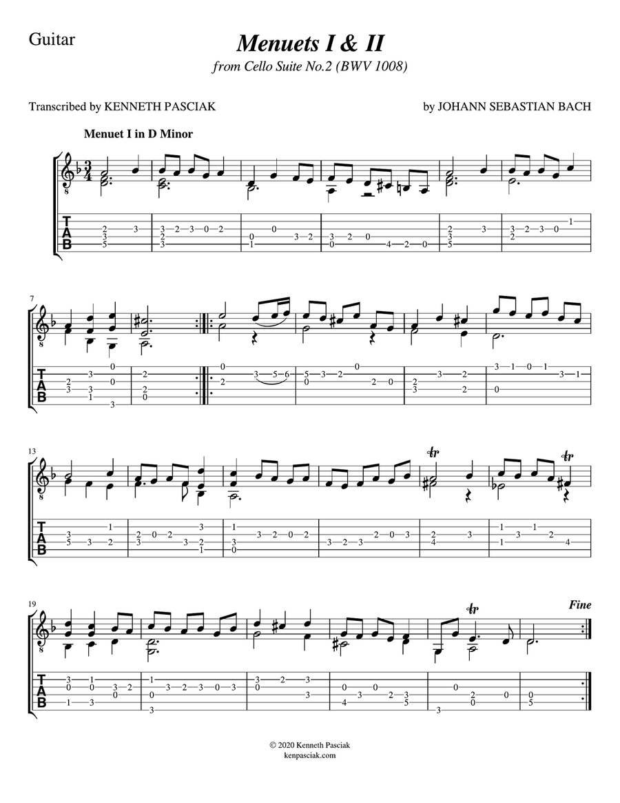 Menuets I & II from BWV 1008 (for Solo Guitar)