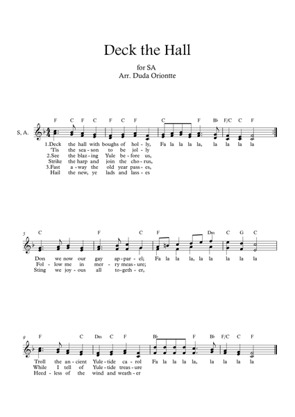 Deck the Halls ( SA - G major - one staff - with chords - no piano) image number null