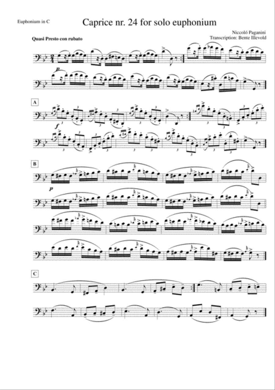 Caprice no. 24 for solo euphonium (Paganini) Euphonium scores gallery preview page 1