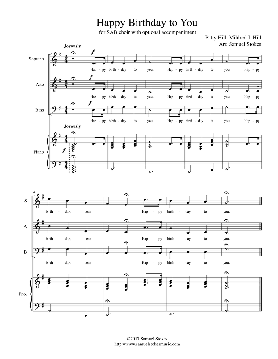 Happy Birthday to You - for SAB choir with piano accompaniment 3-Part scores gallery preview page 1