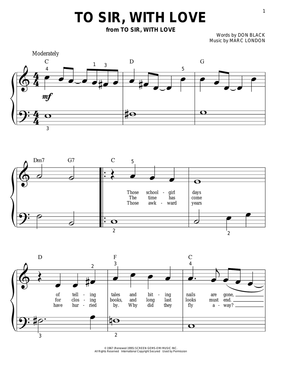 To Sir, With Love Easy Piano scores gallery preview page 1