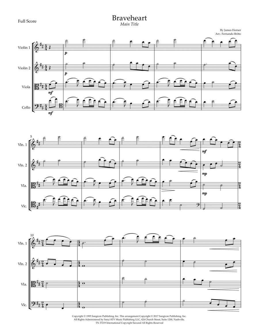 Braveheart - Main Title Braveheart - Main Title String Quartet scores gallery preview page 1