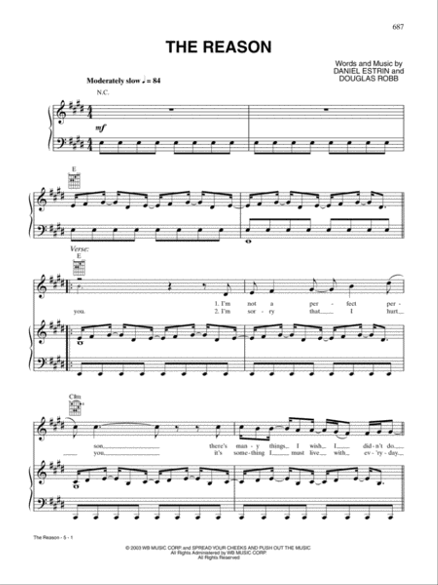 The Reason The Reason Piano, Vocal, Guitar scores gallery preview page 1