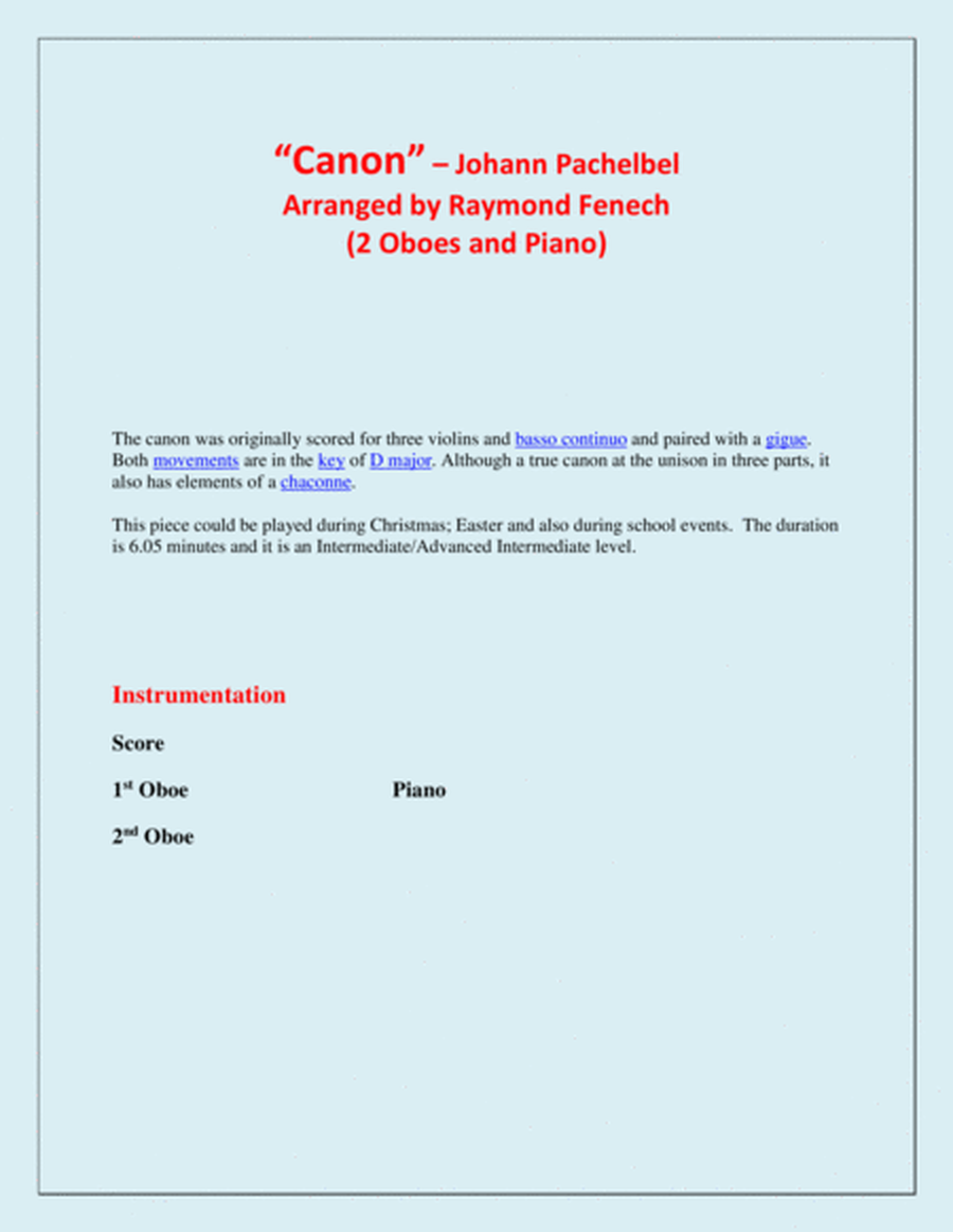 Canon - Johann Pachebel - 2 Oboes and Piano - Intermediate/Advanced Intermediate level image number null