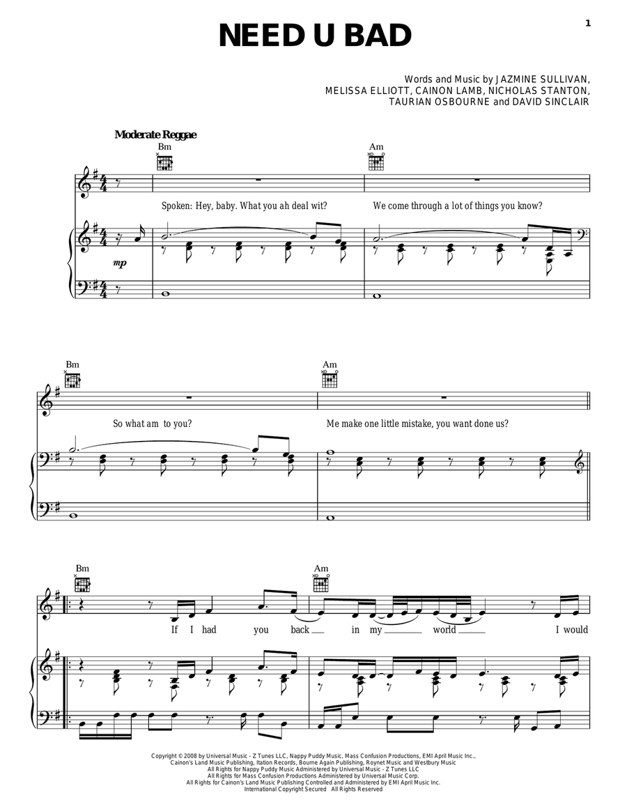 Need U Bad Piano, Vocal, Guitar scores gallery preview page 1