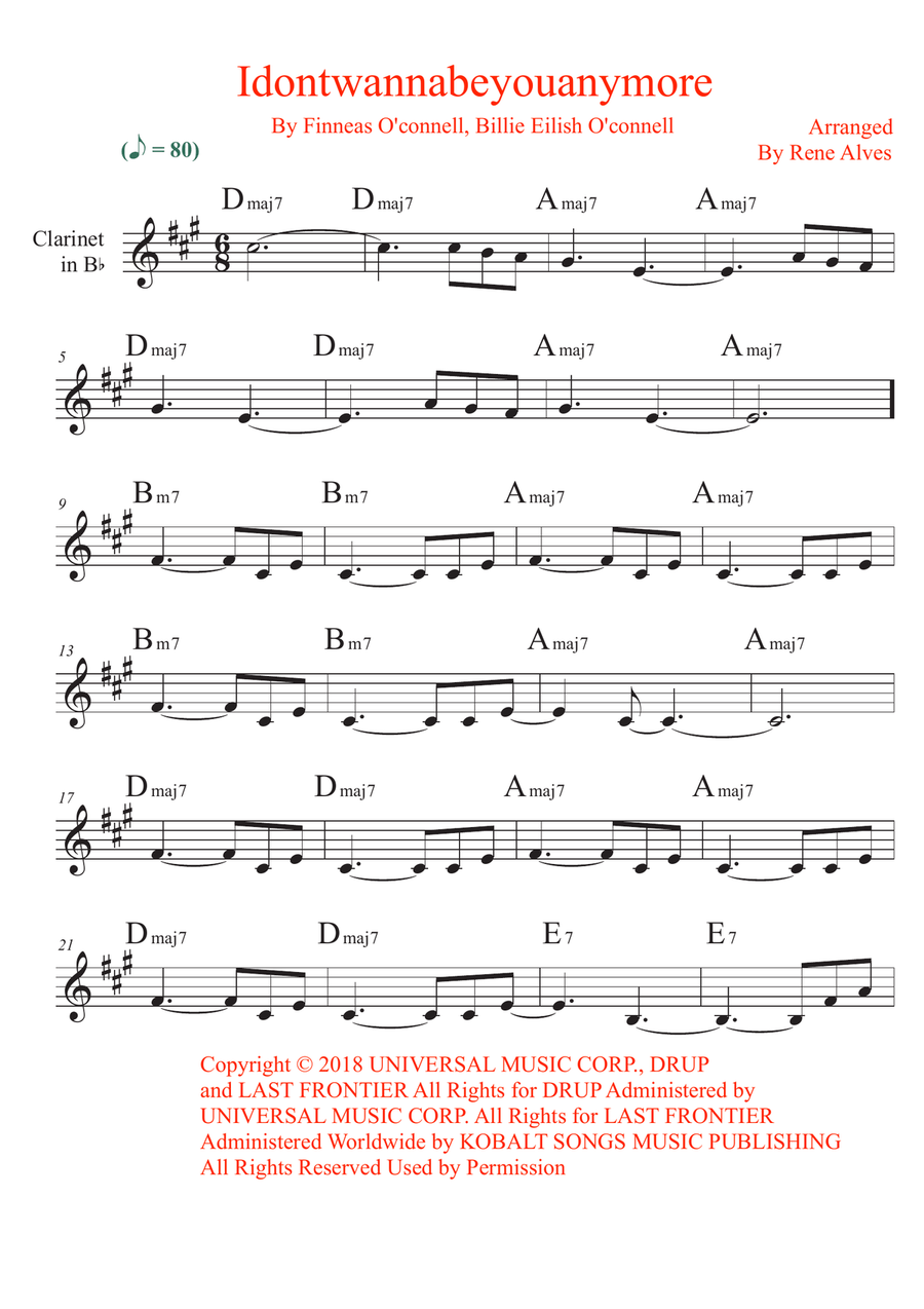 Idontwannabeyouanymore by Billie Eilish B-Flat Clarinet - Digital Sheet Music