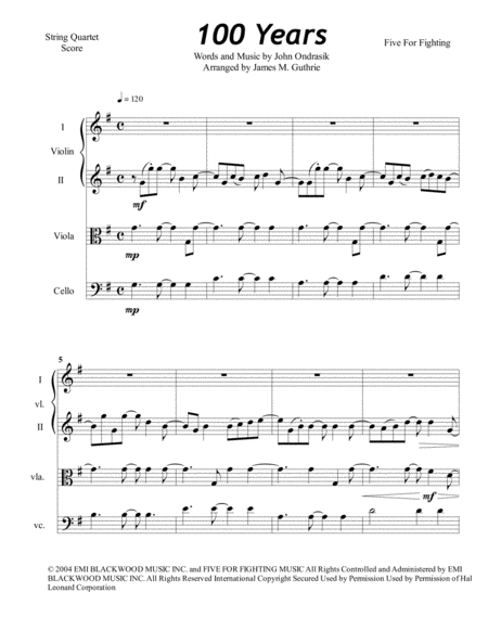 100 Years by Five for Fighting String Quartet - Digital Sheet Music