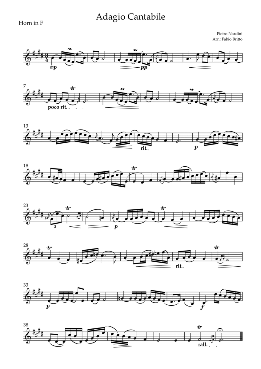 Adagio Cantabile (P. Nardini) for Horn in F Solo