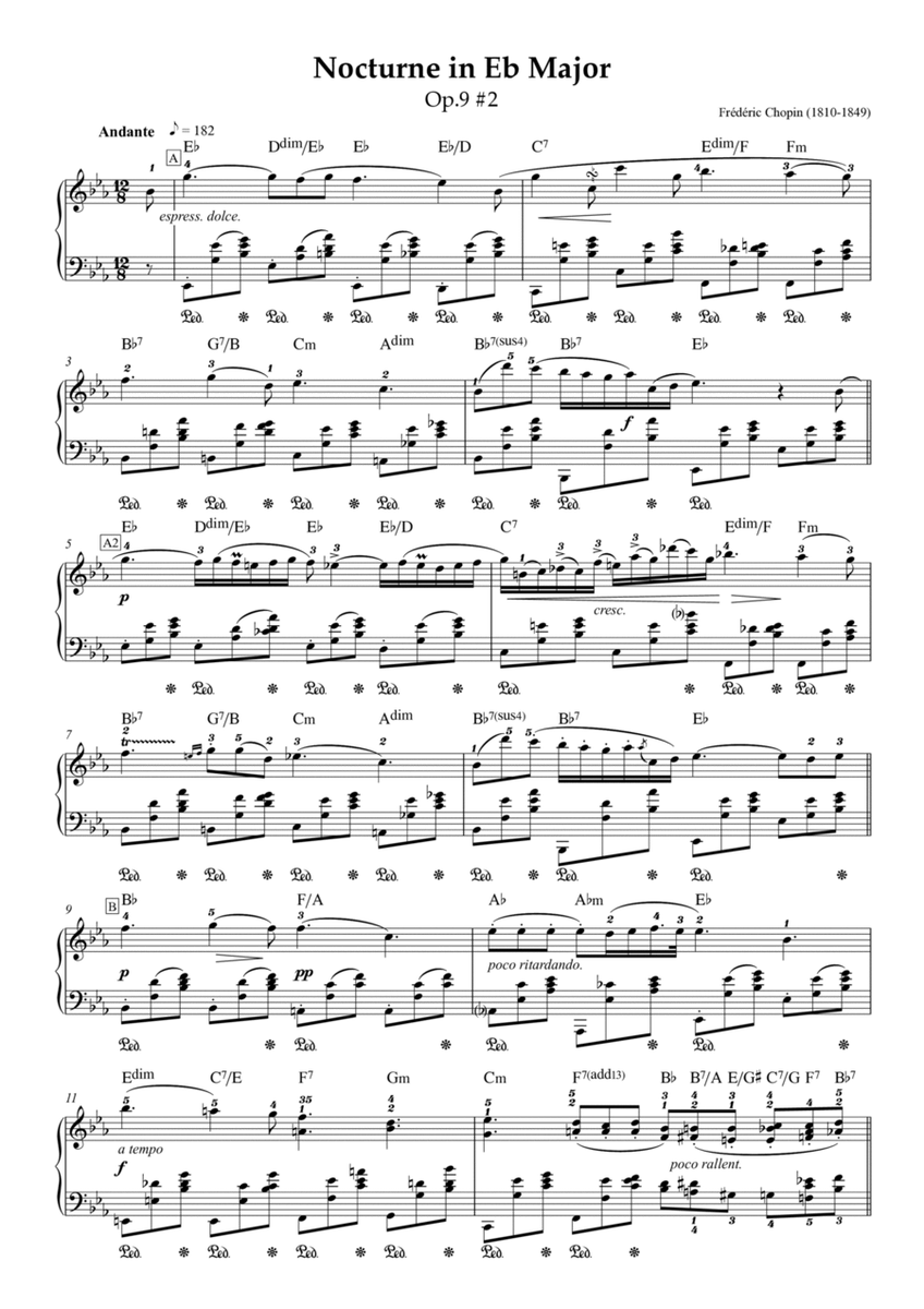 Noctune in Eb Major Op.9 No.2 - Frederic Chopin (Piano score with Jazz Chords)