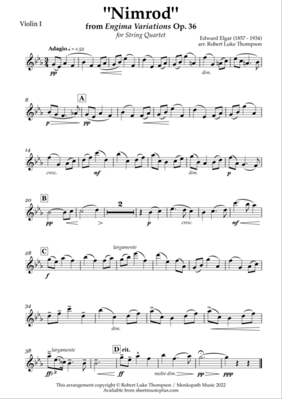 Nimrod from Enigma Variations Op. 36 for String Quartet String Quartet scores gallery preview page 3