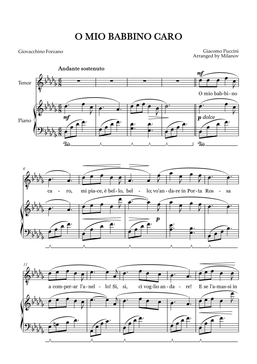 O Mio Babbino Caro | Male Voice Tenor | D-flat Major | Piano accompaniment | Pedal Tenor Voice scores gallery preview page 1