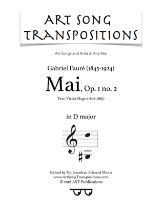 Book cover for FAURÉ: Mai, Op. 1 no. 2 (transposed to D major)