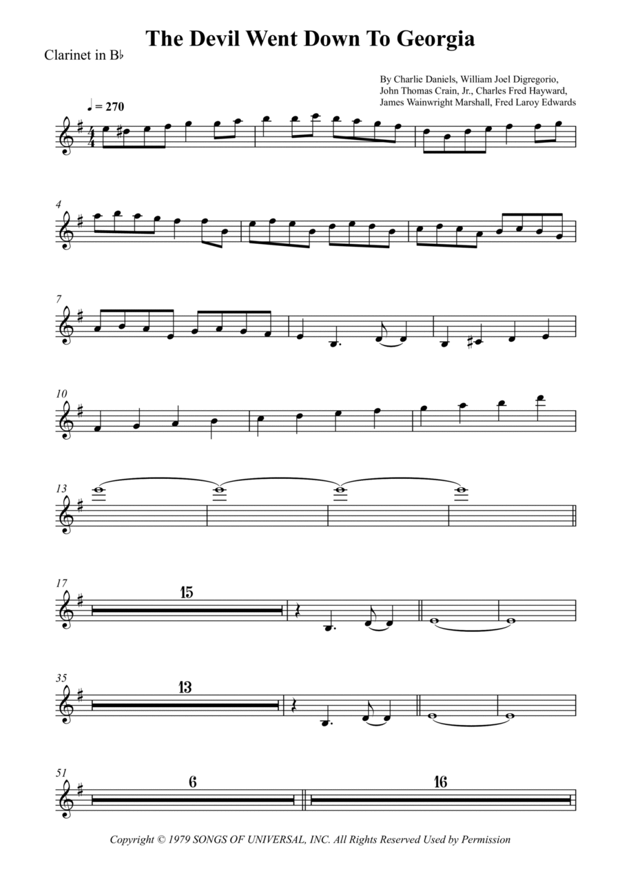 The Devil Went Down To Georgia B-Flat Clarinet scores gallery preview page 1