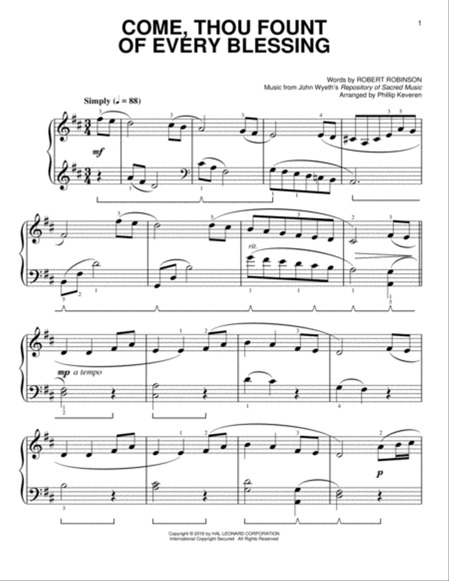 Come, Thou Fount Of Every Blessing [Classical version] (arr. Phillip Keveren) Easy Piano scores gallery preview page 1