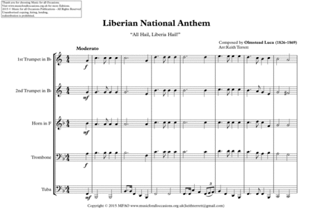 Liberian National Anthem "All Hail, Liberia Hail!" for Brass Quintet image number null