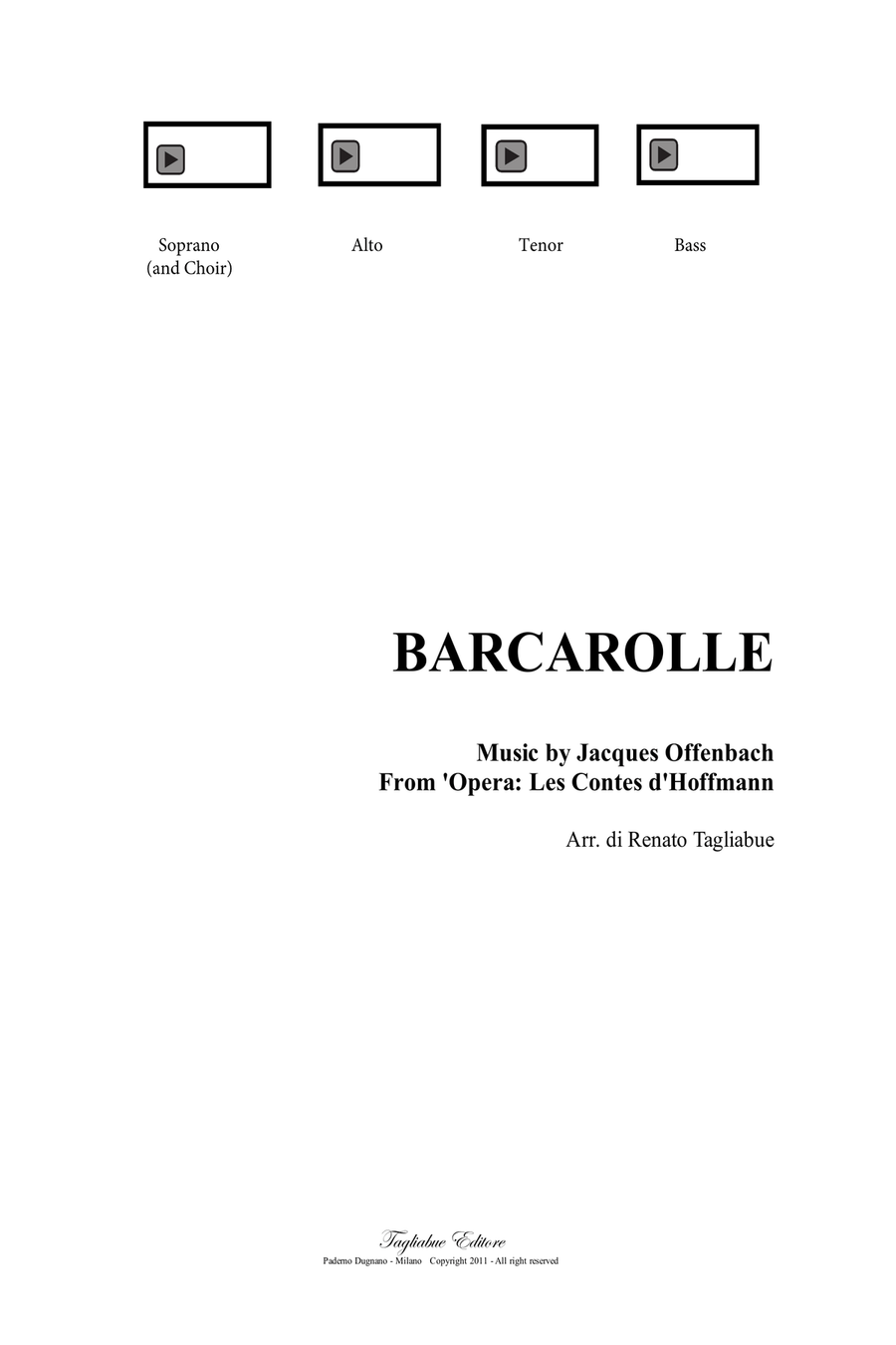 BARCAROLLE - J. Offenbach - Arr. for SATB Choir - Score Only
