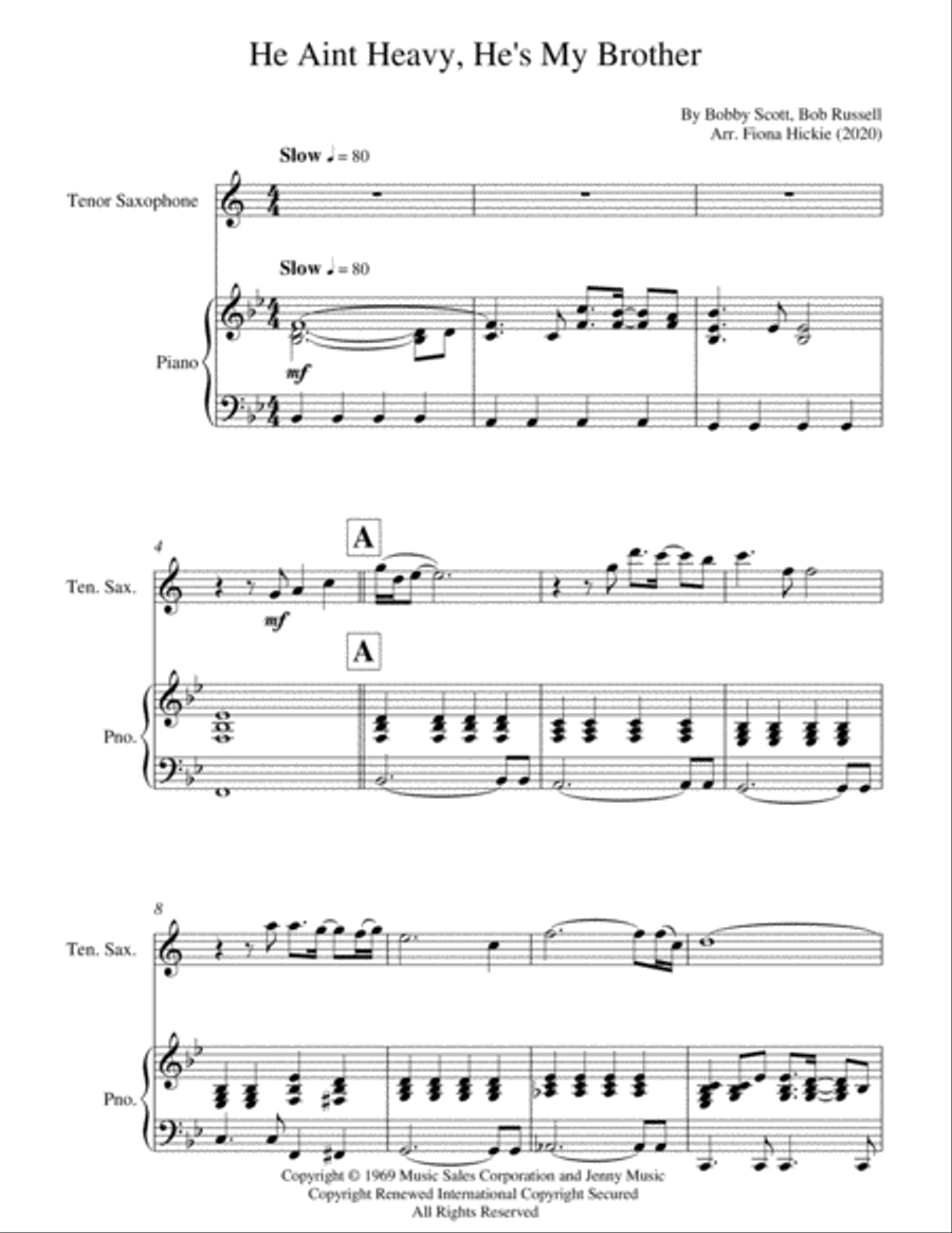 He Ain't Heavy, He's My Brother Tenor Saxophone scores gallery preview page 1