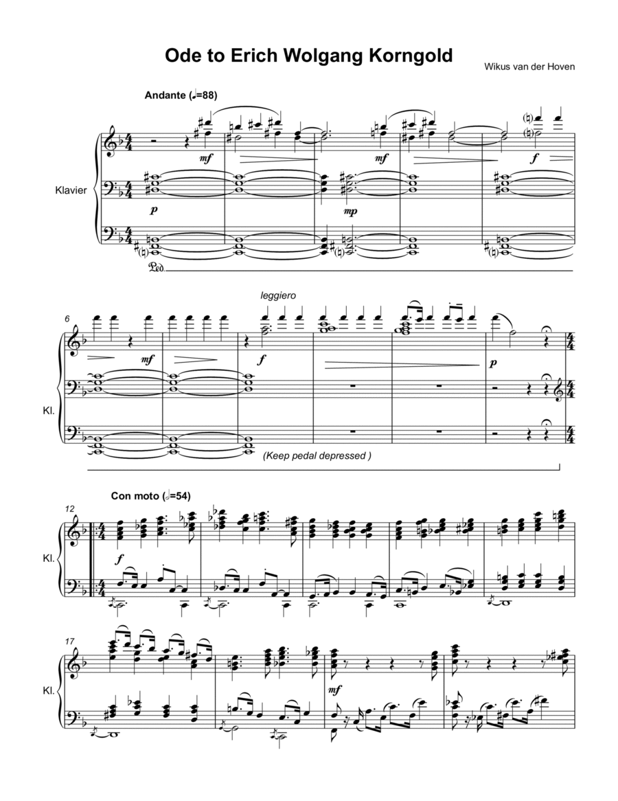 Ode to Erich Wolfgang Korngold for Solo Piano Piano Solo scores gallery preview page 1