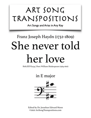 Book cover for HAYDN: She never told her love (transposed to E major, bass clef)