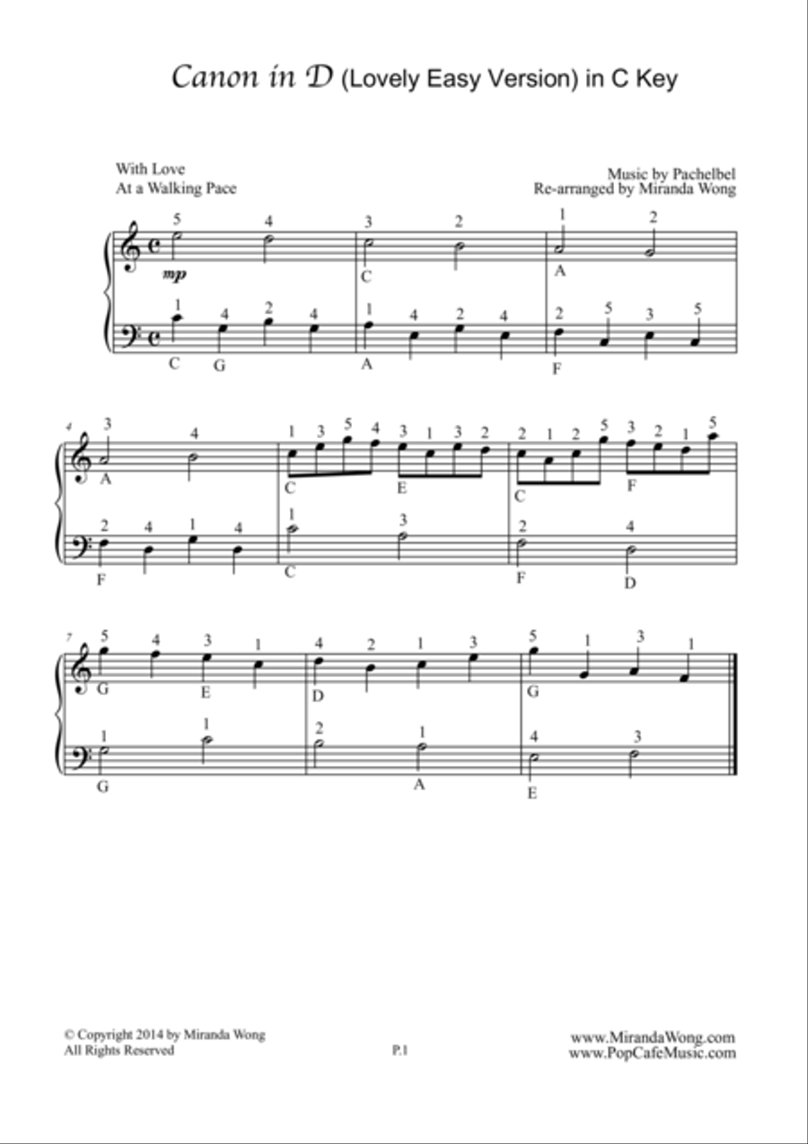 Canon in D - Piano Solo in C Key (Lovely Easy Version) Piano Solo scores gallery preview page 1