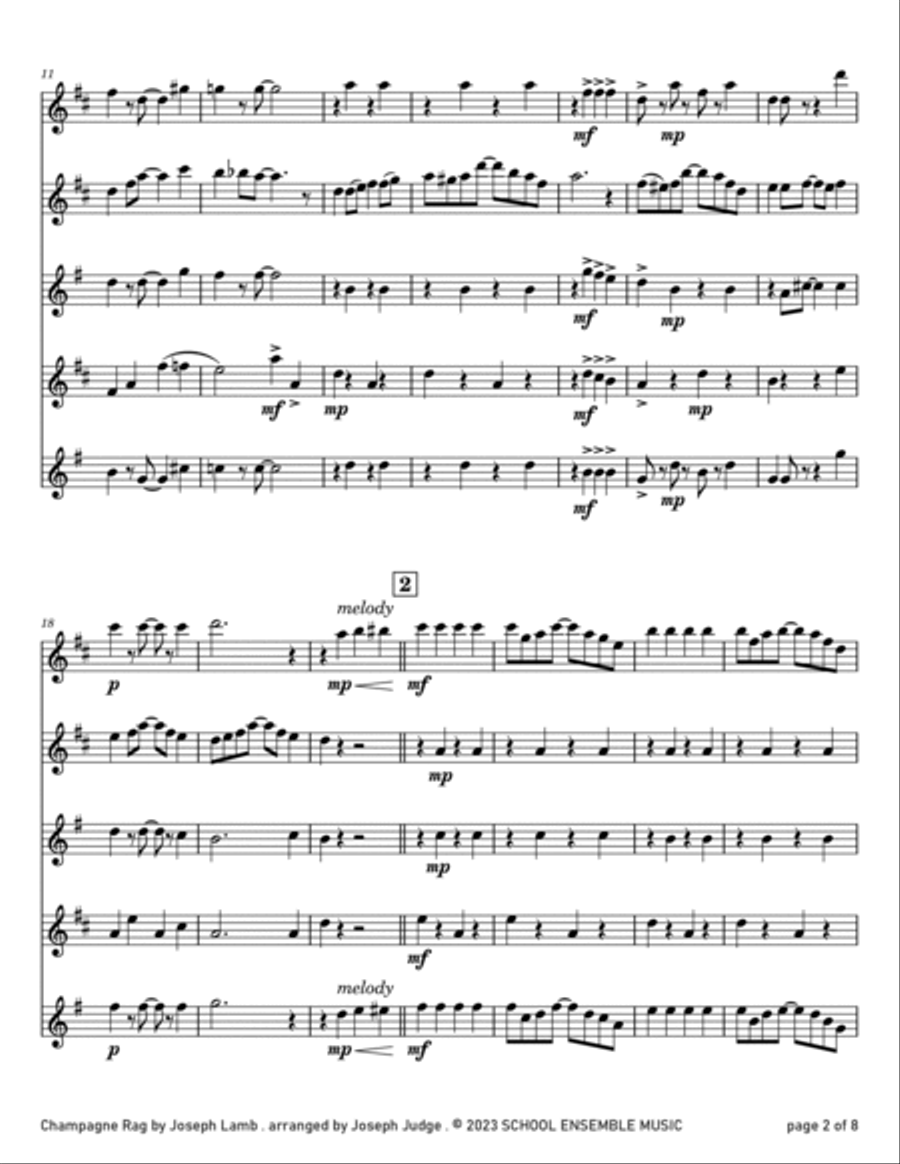 Champagne Rag by Joseph Lamb for Saxophone Quartet in Schools Saxophone Quartet scores gallery preview page 2