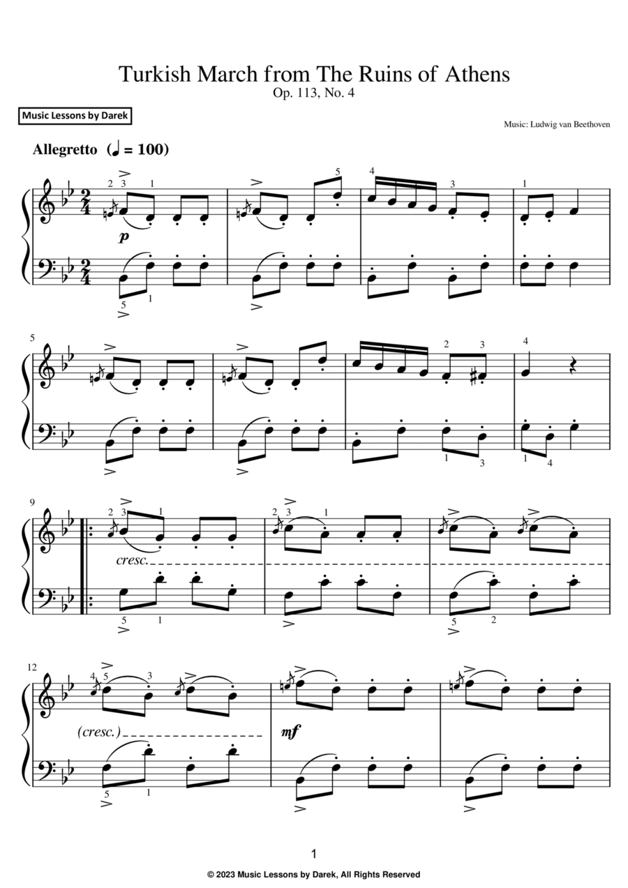 Turkish March from The Ruins of Athens (EASY PIANO) Op. 113, No. 4 [Ludwig van Beethoven] Easy Piano scores gallery preview page 1