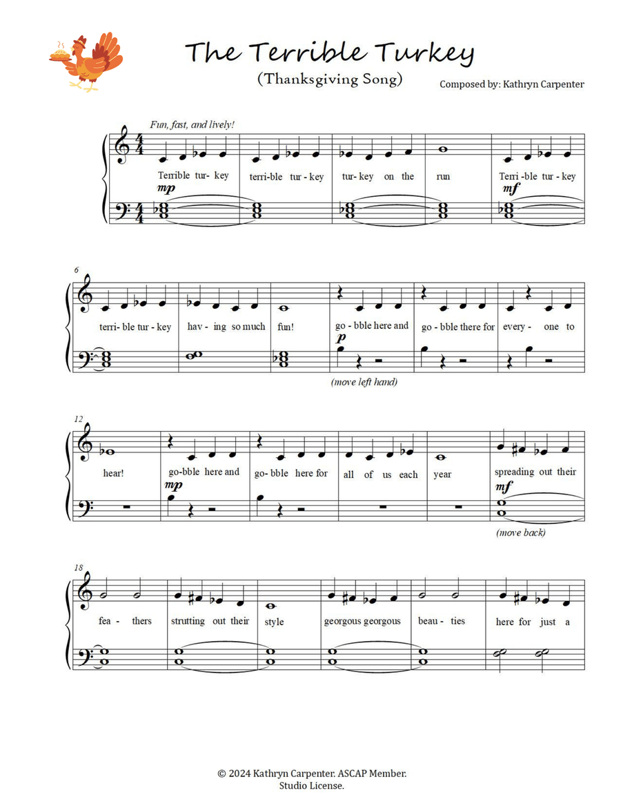 The Terrible Turkey (Song, Sheet Music, and Theory Sheet) Piano Method scores gallery preview page 2