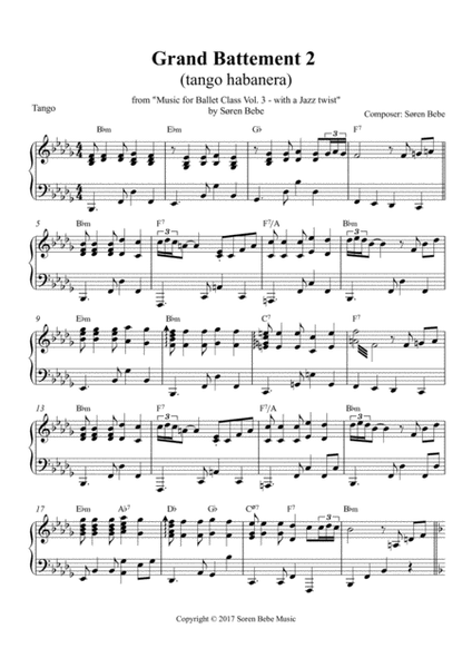 Grand Battement 2 (tango habanera) - Sheet Music for Ballet Class - from "Music for Ballet Class Vol.3 - with a Jazz twist" by Søren Bebe image number null