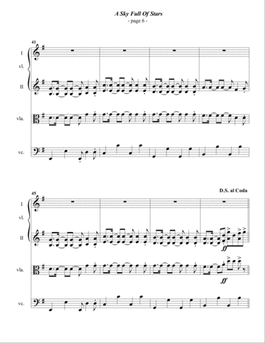 A Sky Full Of Stars String Quartet scores gallery preview page 6