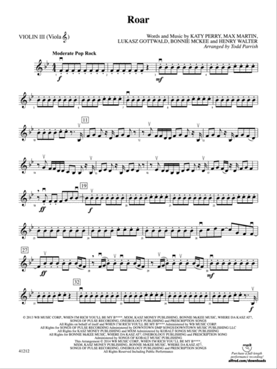 Roar: 3rd Violin (Viola [TC]) String Orchestra scores gallery preview page 1