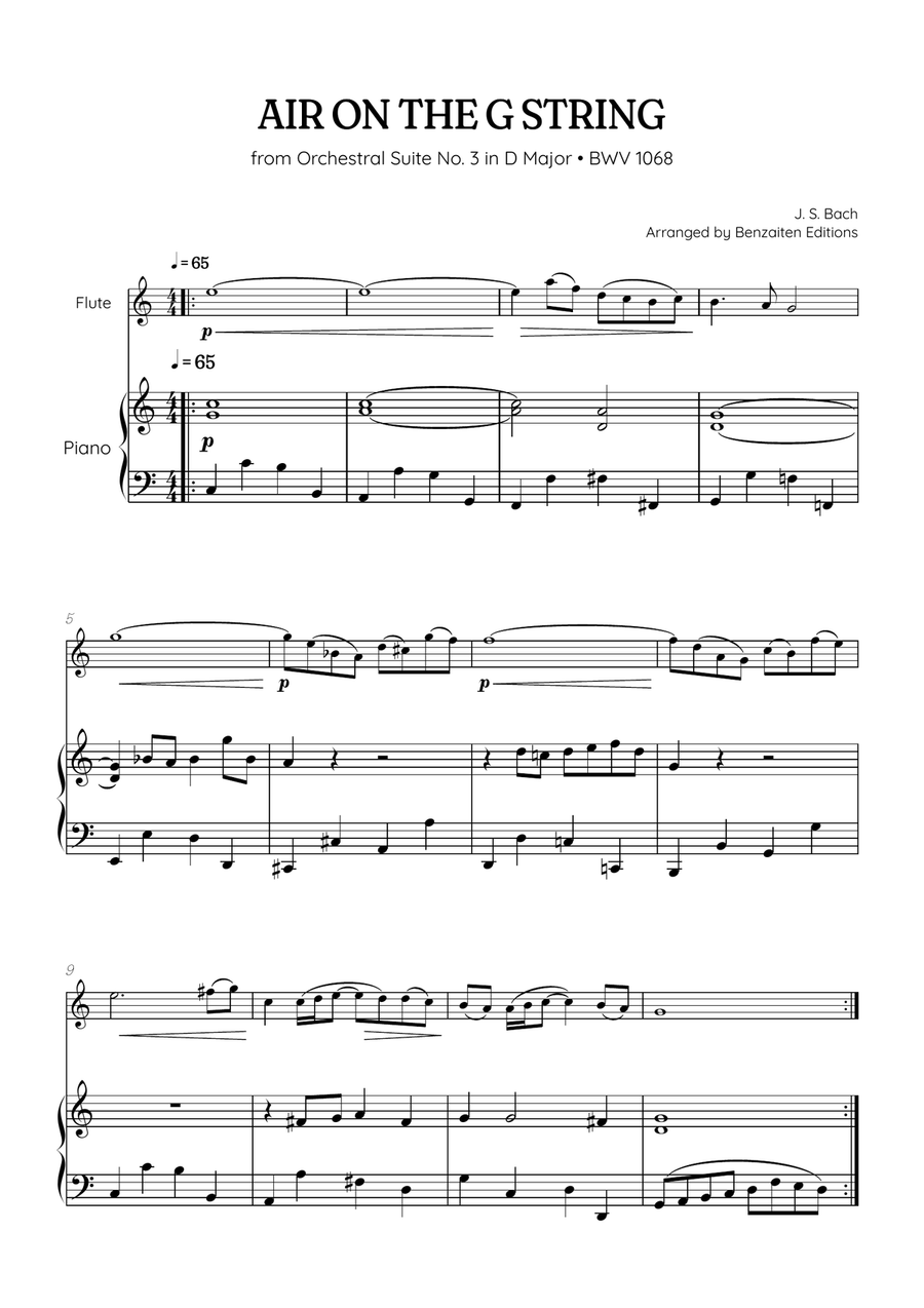 JS Bach • Air on the G String from Suite No. 3 BWV 1068 | flute & piano sheet music Flute Solo scores gallery preview page 1