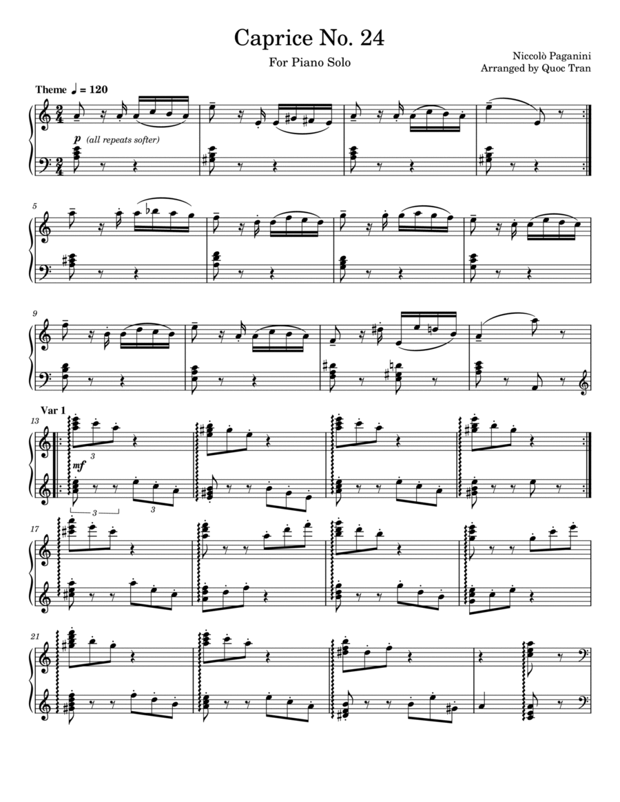 Paganini Caprice No. 24 - For Piano Solo (Intermediate) Piano Solo scores gallery preview page 1