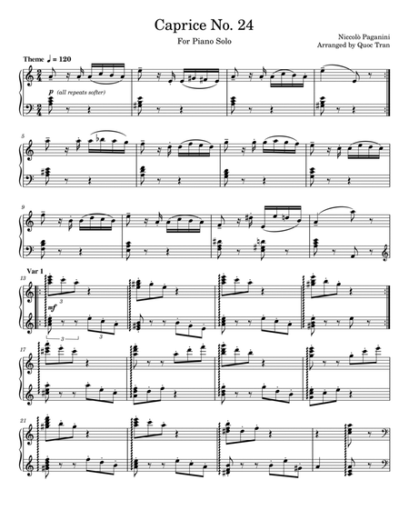 Paganini Caprice No. 24 - For Piano Solo (Intermediate) image number null