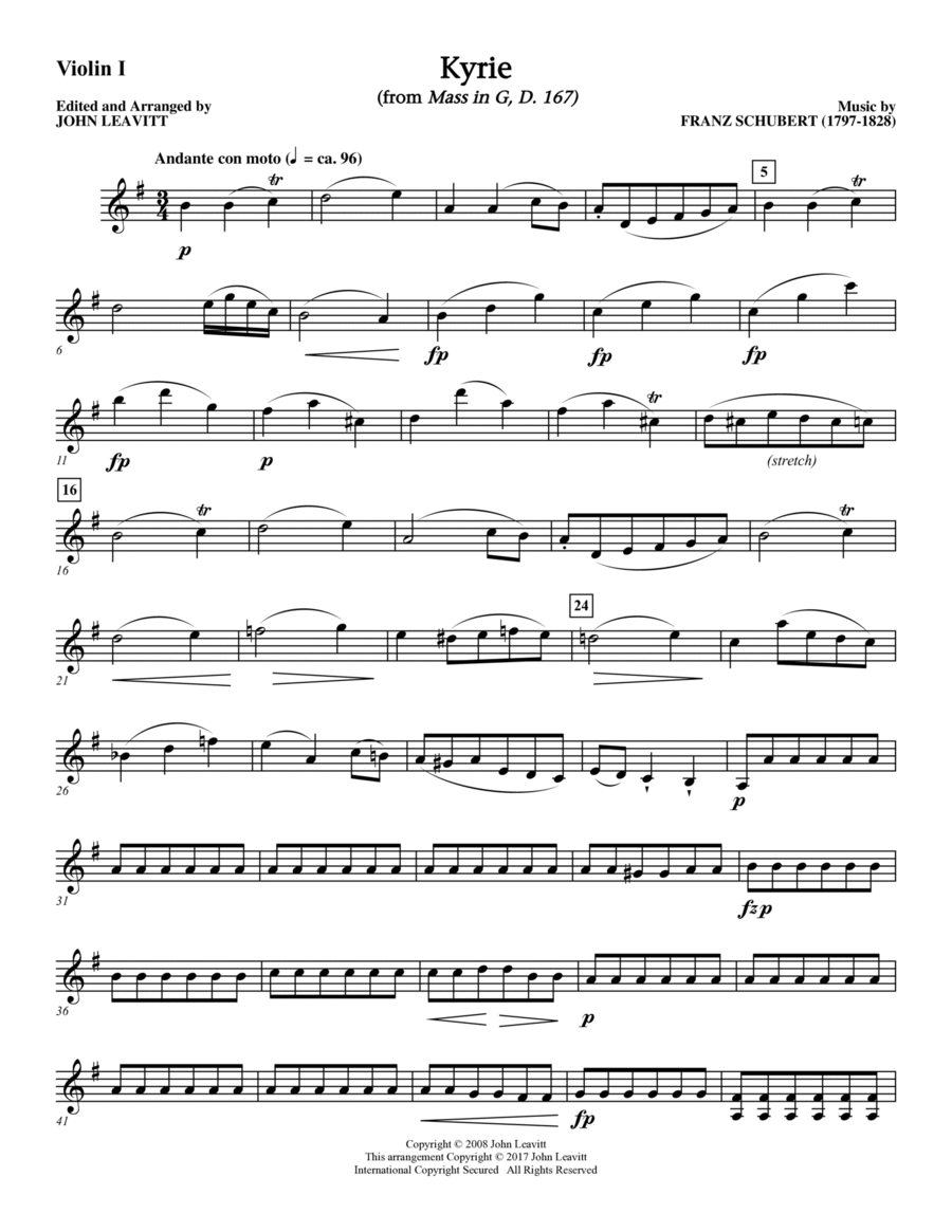 Kyrie (from Mass In G D. 167) - Violin I Choir scores gallery preview page 1