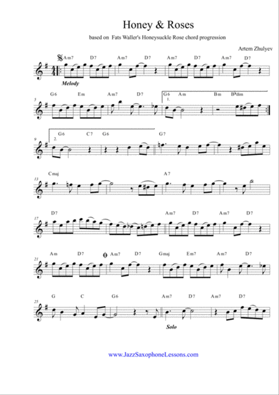Honey & Roses (based on ¨Honeysuckle Rose¨ by Fats Waller) for Saxophone Tenor / Soprano Woodwind Duet scores gallery preview page 2