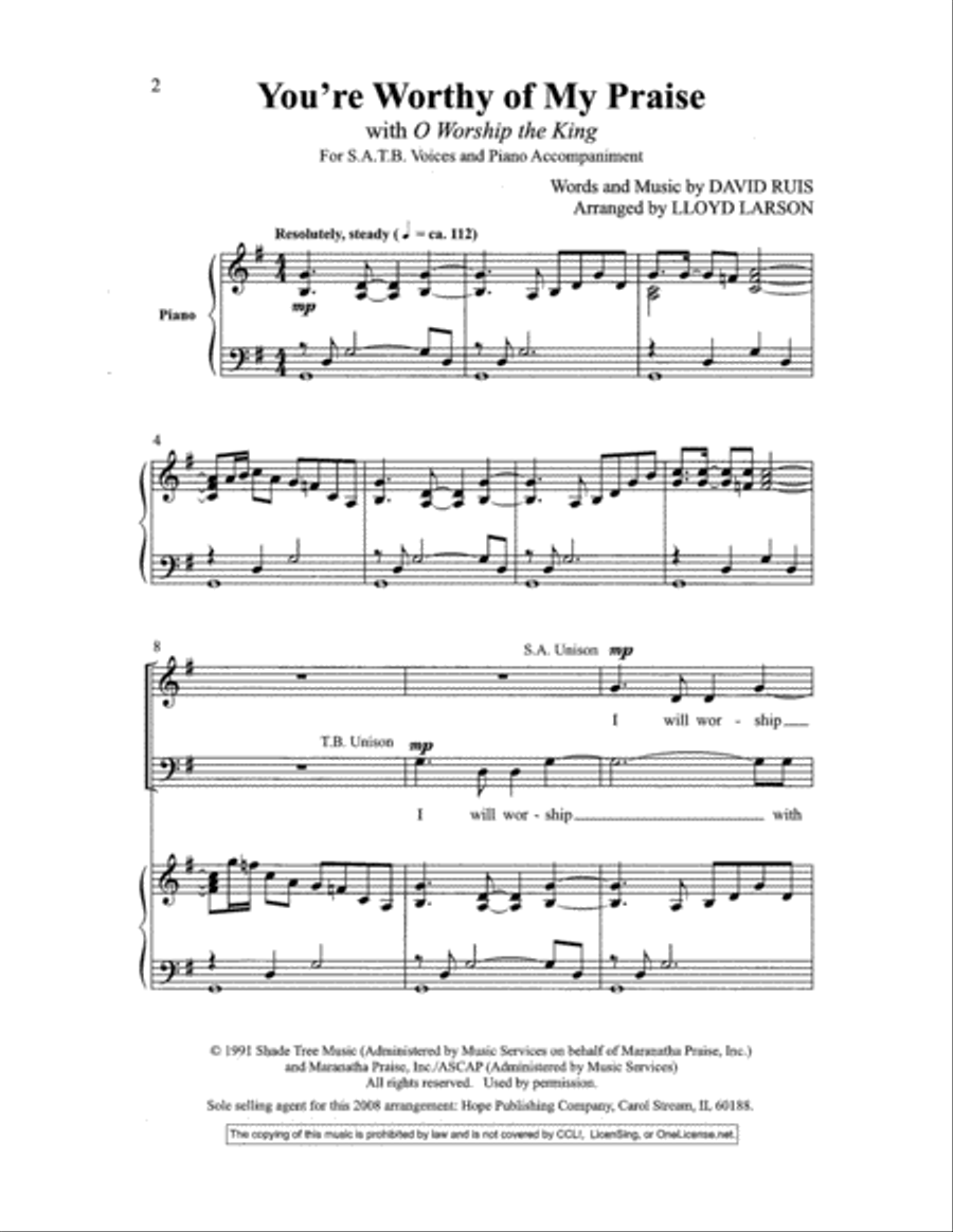 You're Worthy of My Praise with O Worship the King 4-Part scores gallery preview page 2