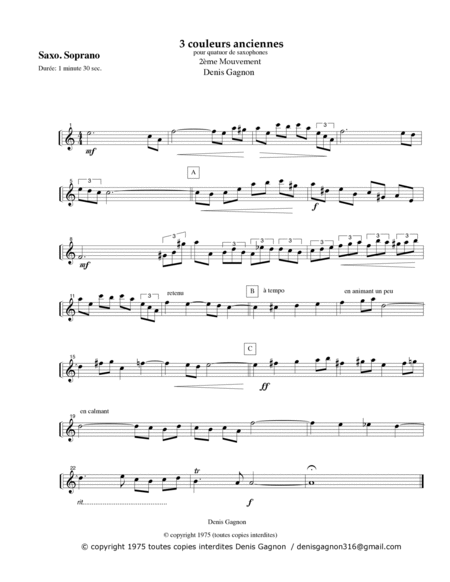 3 Couleurs anciennes / pour Quatuor de Saxophones / (2e Mouvement) by Denis Gagnon Tenor Saxophone - Digital Sheet Music